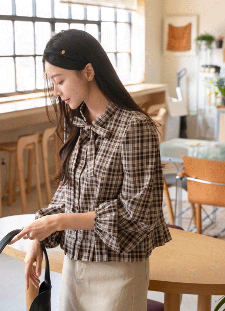 넥리본 체크 블라우스 뷔스티에 세트