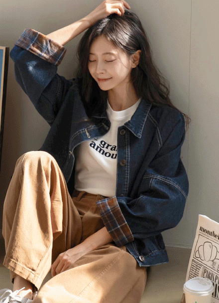 폴딩 키치체크 데님 자켓